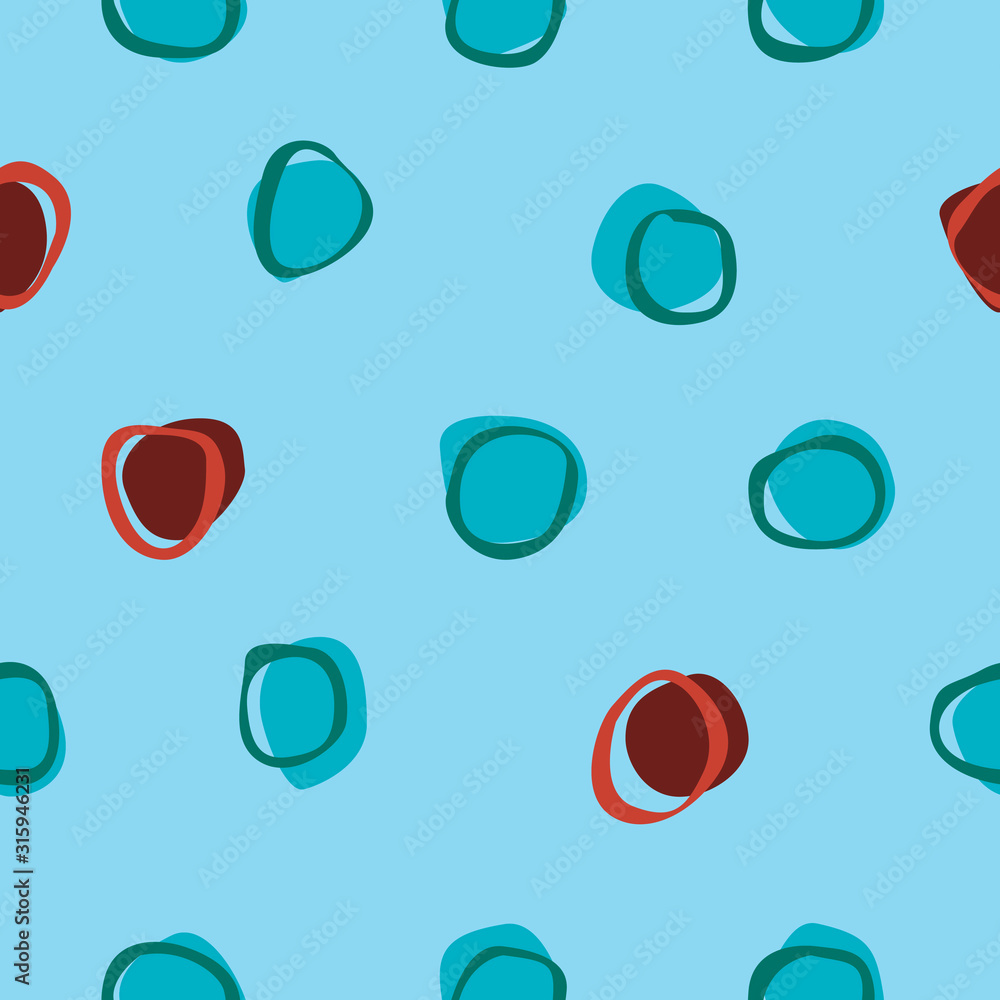 A retro seamless pattern with abstract figures in the style of the 90s or 80s for children or baby on a blue background, a vector stock illustration with doodle circles or ellipses