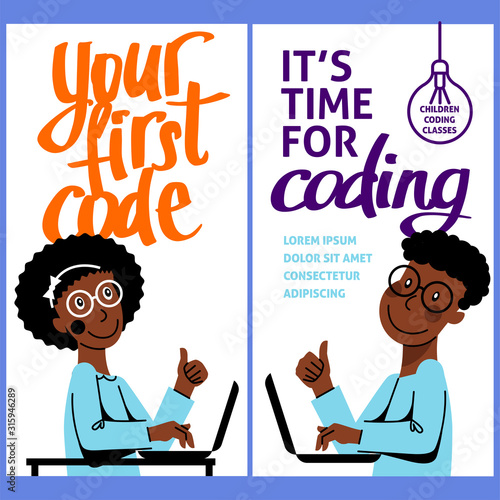 A vertical image for smartphone of a black girl and boy who study coding. A vector image for a flyer or a poster for the children coding school. Blue and white colors. Play, learn, code and Your first