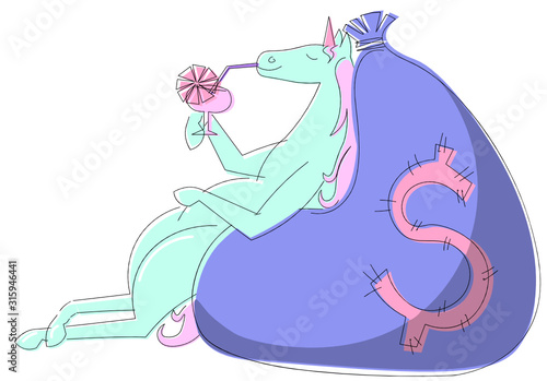 Unicorn enjoying his leisure time after earning a lot, successful startup