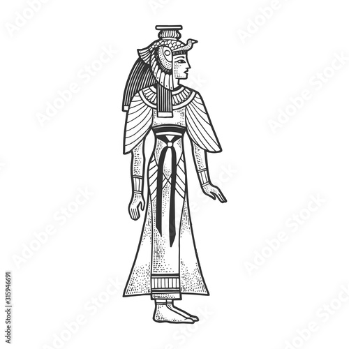 Cleopatra Ancient Egyptian Pharaoh sketch engraving vector illustration. T-shirt apparel print design. Scratch board imitation. Black and white hand drawn image.