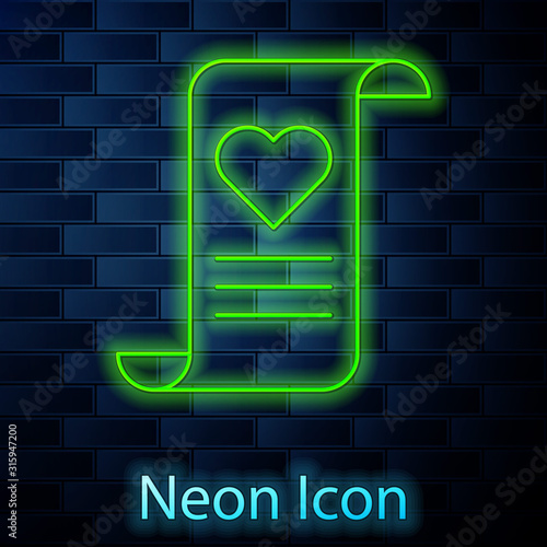 Glowing neon line Envelope with Valentine heart icon isolated on brick wall background. Message love. Letter love and romance. Vector Illustration
