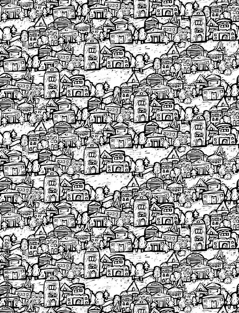 Suburb houses trees fields doodles black and white seamless pattern Suburb houses trees fields doodles black and white seamless pattern