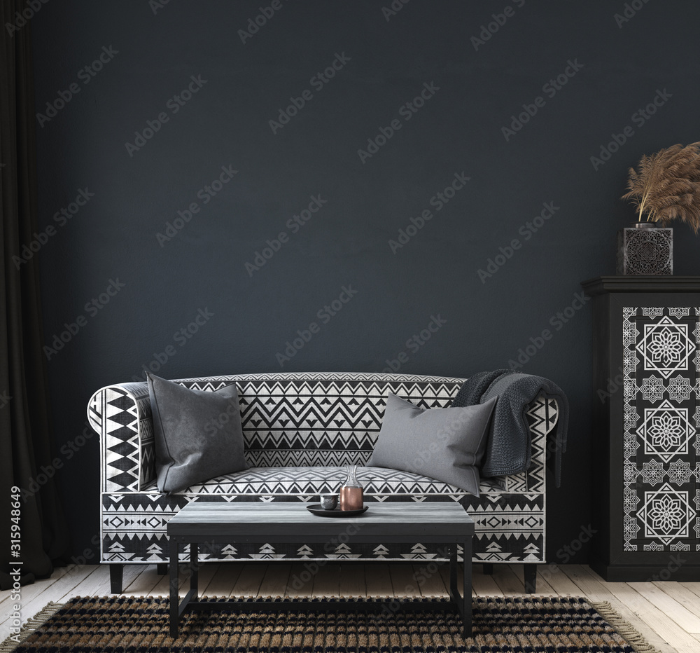 Dark home interior, ethnic style living room, wall mock up background, 3d render - obrazy, fototapety, plakaty 