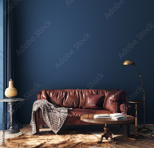 Dark blue home interior with old retro furniture, hipster style, 3d render