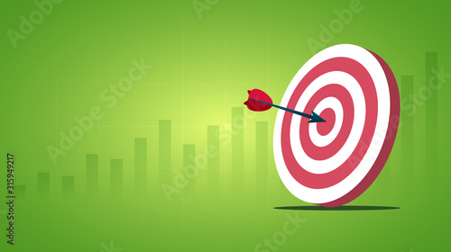 Abstract financial chart with uptrend graph and red dart arrow hitting dartboard on green color background