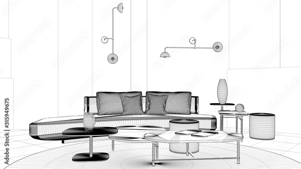 Blueprint project draft, modern living room, lounge with sofa, coffee table and decors, panels, round carpet, wall lamps, background with copy space, expo interior design concept idea Blueprint project draft, modern living room, lounge with sofa, coffee table and decors, panels, round carpet, wall lamps, background with copy space, expo interior design concept idea