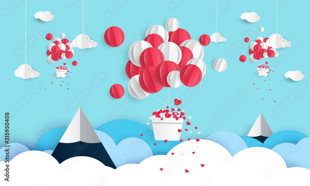 Valentines day card with air balloon, floating heart in paper cut style. Valentines day card with air balloon, floating heart in paper cut style.