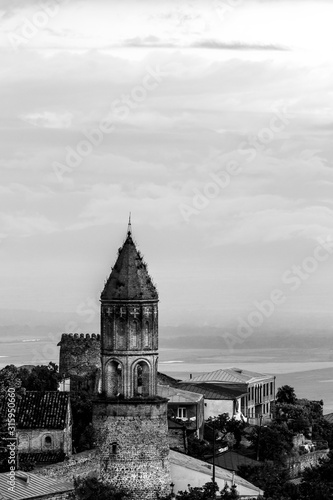 Old fortifications in small town Sighnaghi  Signagi  in Georgia  region Kakheti  Caucasus mountains. Black and white image