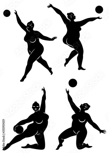 Collection. Gymnastics. Silhouette of a girl with a ball. The woman is overweight, a large body. The girl is full figured. Vector illustration set