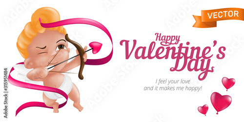 Happy Valentine’s Day web banner or flyer with baby cupid and bow, pink ribbon and 3D hearts. Vector illustration isolated on white background. Can be used for February 14 Day of love holiday design photo