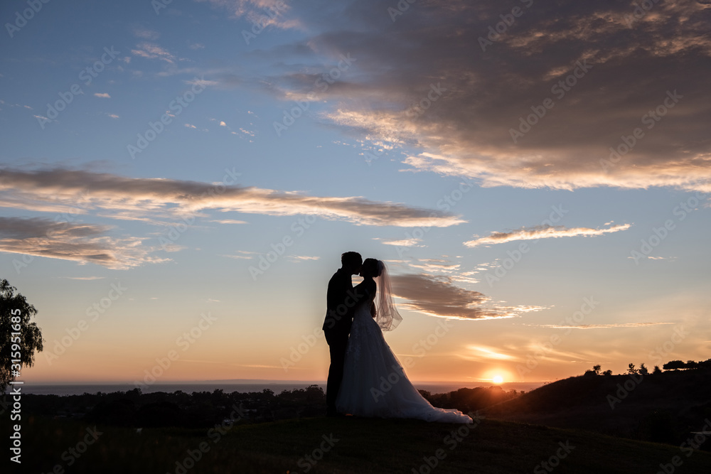 bride and groom silhouette during colorful sunset