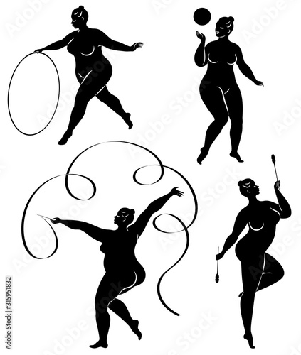 Collection. Gymnastics Silhouette of a girl with a hoop, ribbon, ball, clubs. The woman is overweight, a large body. The girl is a full figure. Set of vector illustrations