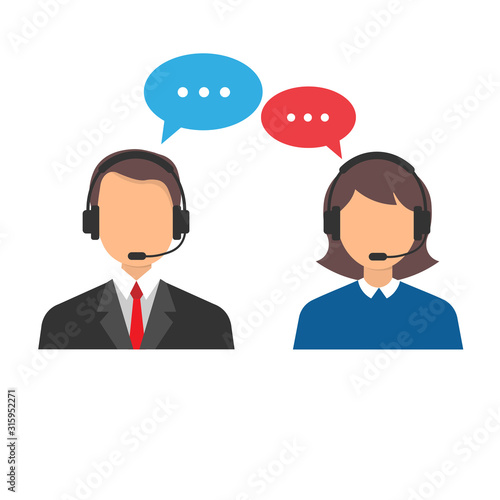 male and female icon call center works in headphones with a microphone. call center. help, support and customer service.