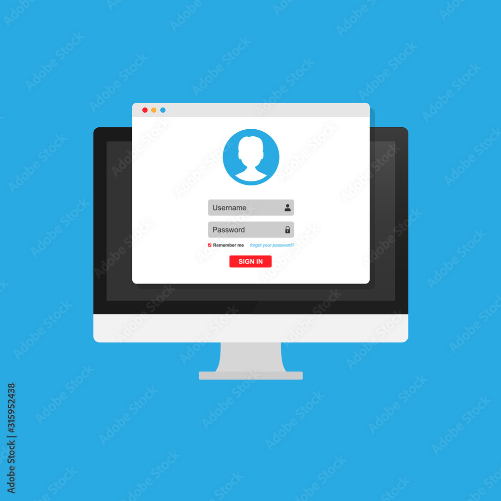 Online registration form. Login form, login page, opened in a web browser window on the monitor screen. Online registration form. Login form, login page, opened in a web browser window on the monitor screen.
