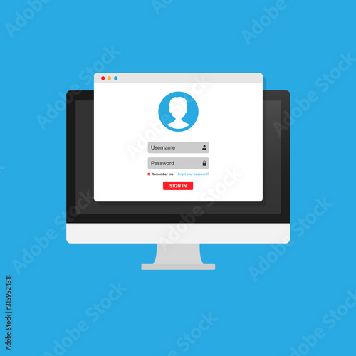 Online registration form. Login form, login page, opened in a web browser window on the monitor screen.