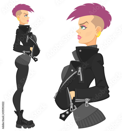 Cool punk girl. Sexy young woman in a black leather jacket and army boots. Profile view, full length. A set of images. Flat design.