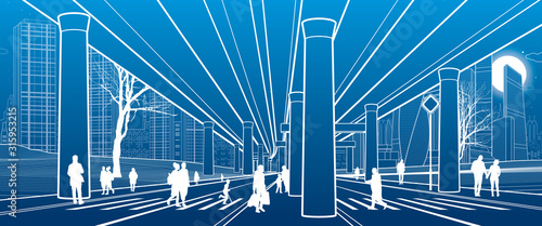 People walk under the car overpass. Large highway. Modern night town. Outline Urban scene. Big bridge. Industrial illustration. White lines on blue background. Vector design art