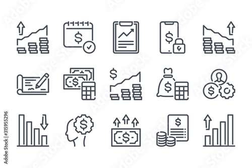 Money, Finance and Business investment related line icon set.  Payment and accounting report calculation linear icons. Investment and trading on the stock exchange outline vector sign collection.