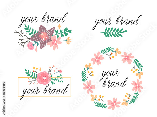 Hand drawn logo collection. Logo design with flowers and beautiful fonts. For designers, florists, photographers and other creative professions