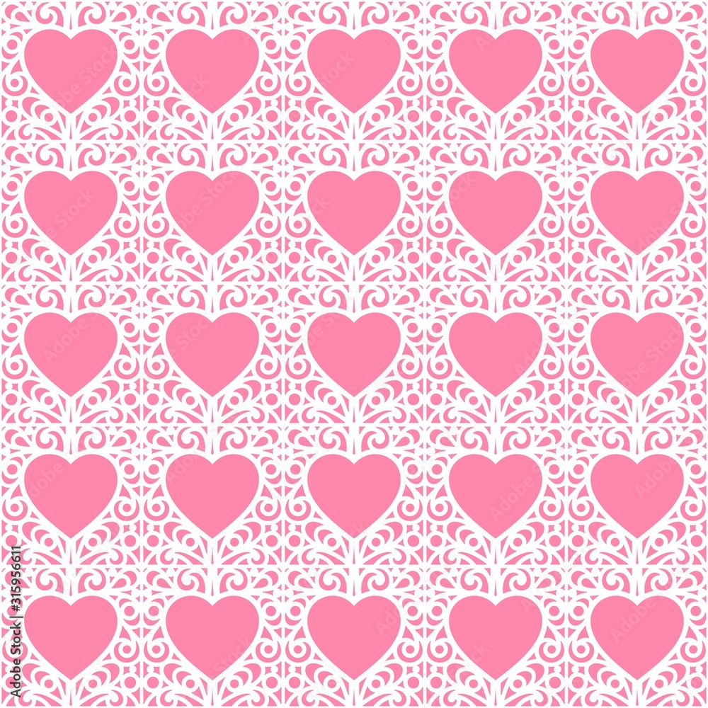 Seamless pattern with hearts. White and pink colors. Romantic background for Valentines Day's or wedding cards. Repeating texture for wallpaper design, textile, wrapping paper. Vector illustration. 
