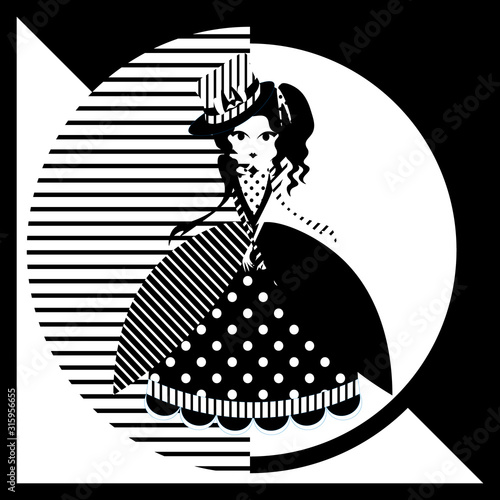 Foto Monochrome cartoon lady doll in gaudy gown and hat