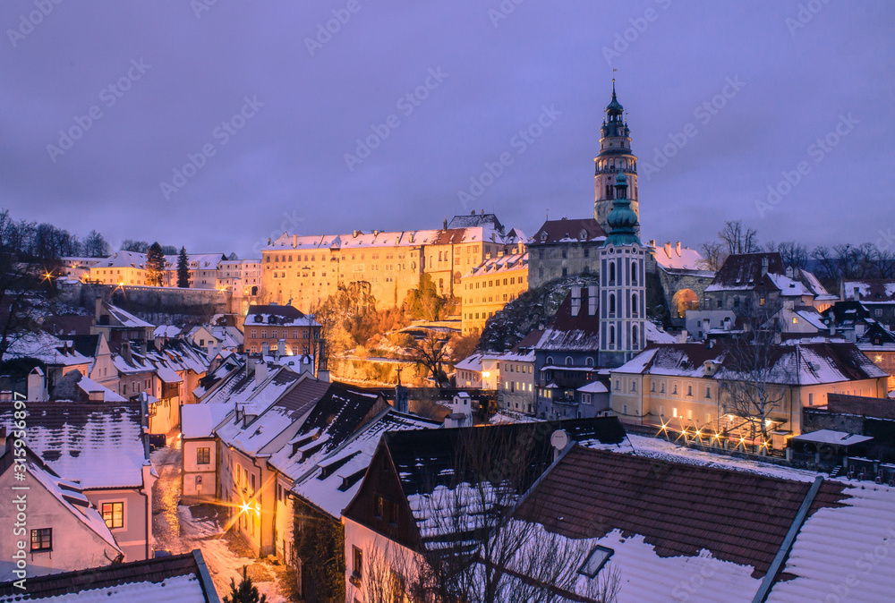 winter panoramic view of famous old medieval town Cesky Krumlov at night