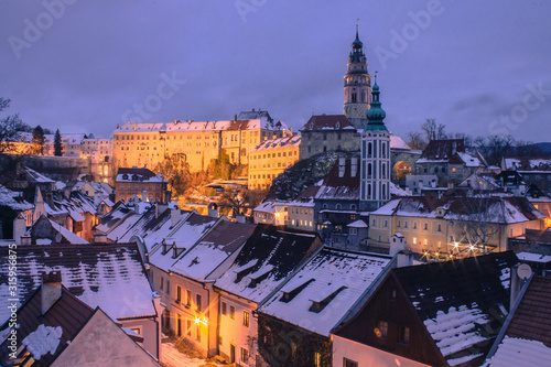 winter panoramic view of famous old medieval town Cesky Krumlov at night © doma.mach