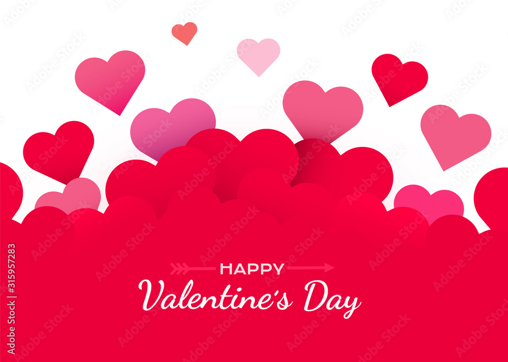 Valentines Day background with red hearts. Cute love banner or greeting card. Place for text. Happy valentines day.
