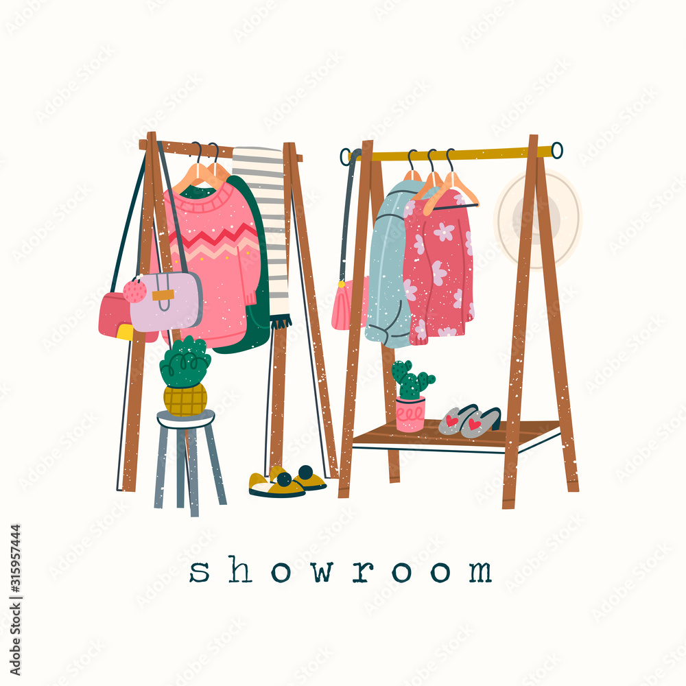 Wardrobe. Showroom concept. Clothing racks. Various clothes on hangers. Boots, coat, shoe boxes, bag, hat, jacket, sweater. Hand drawn trendy colored vector illustration. Stamp texture Wardrobe. Showroom concept. Clothing racks. Various clothes on hangers. Boots, coat, shoe boxes, bag, hat, jacket, sweater. Hand drawn trendy colored vector illustration. Stamp texture