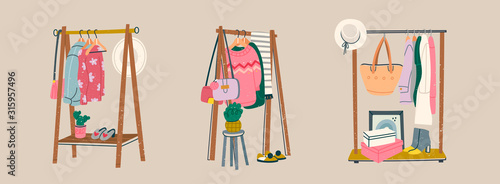 Wardrobe. Showroom concept. Set of three Clothing racks. Various clothes on hangers. Boots, coat, shoe boxes, bags, hats, jackets, sweaters. Hand drawn trendy colored vector illustration