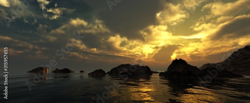 Sea sunset, sun over water, ocean sunrise, dramatic seascape, cliffs and sea at sunset,
