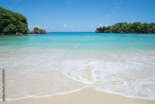 Fototapeta Naklejka Na Ścianę i Meble -  Shore of Winnifred Beach, Jamaica. Turquoise waters, little waves and ripples. Blue sky and green trees in the background
