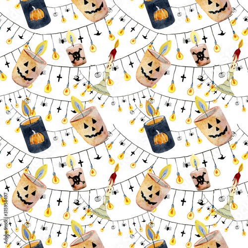 Fototapeta Naklejka Na Ścianę i Meble -  Pumpkin, ghost, bat, candy, and other items on Halloween theme. Bright cartoon pattern for Halloween