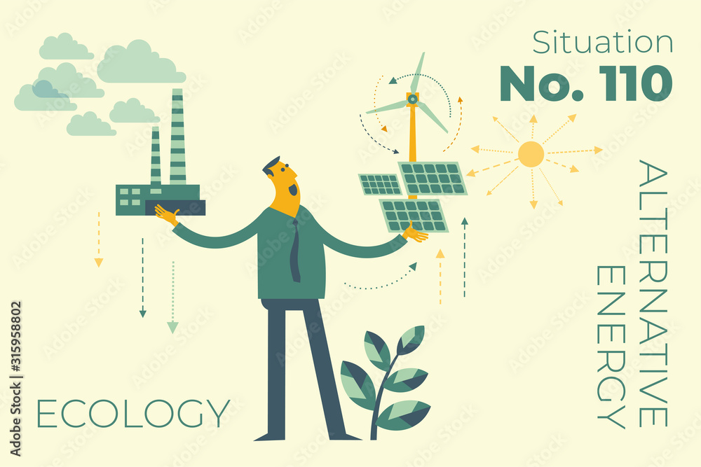 Ecological illustration. Man chooses between polluting and clean energy. Alternative types of energy. Eco city. Global warming. Environmental problem. ECO activist. Green. Solar panel, wind generator.