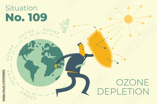 Ecological illustration. Ozone depletion. Ozone hole. Man with a shield covers planet from influence of sun. Environmental pollution. Global warming, CO2. Environmental problem. ECO activist. Green.