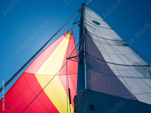 Obraz na plátně Looking up at colourful sails of Catamaran in the wind