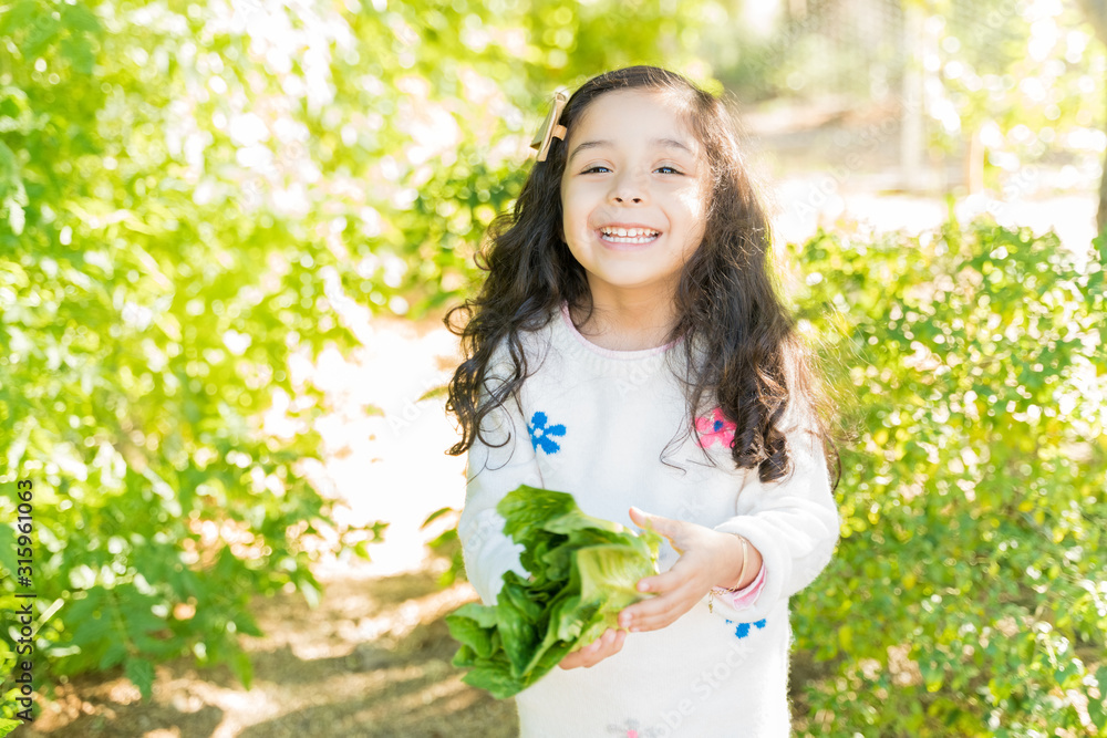 Portrait Of Girl With Fresh Leaf Vegetable At Farm Portrait Of Girl With Fresh Leaf Vegetable At Farm