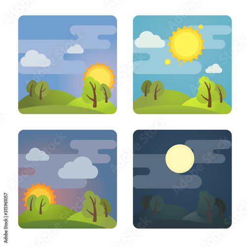 Set of square four times of day icons: morning, day, evening, night. Stock vector illustration. Isolated on white background.