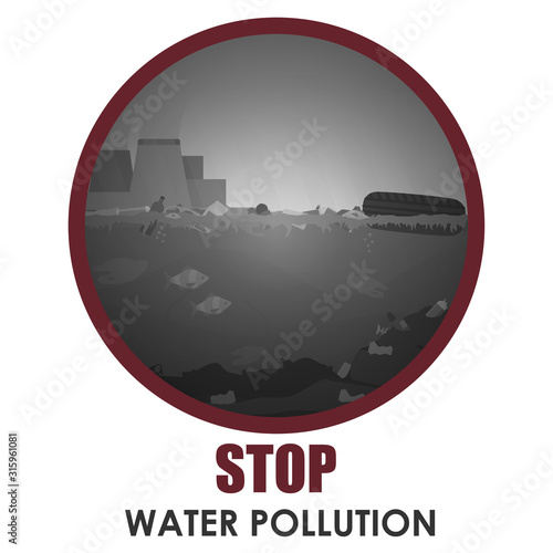 Stop water pollution round banner. Stock vector illustration in red round frame with text. Different garbage and slime in the water. Environment protection concept. Trash emission and water pollution.