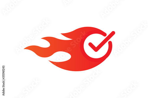 Chek, ok, yes icon approved. Red mark icon with fire on white background. Flat vector illustration EPS10