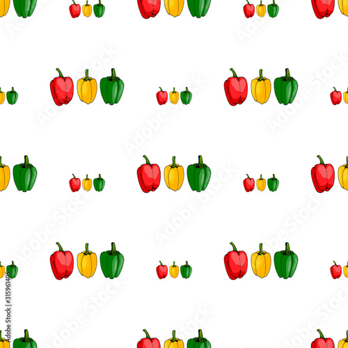 Seamless pattern of red, yellow and green peppers on white background. Endless background for your design.