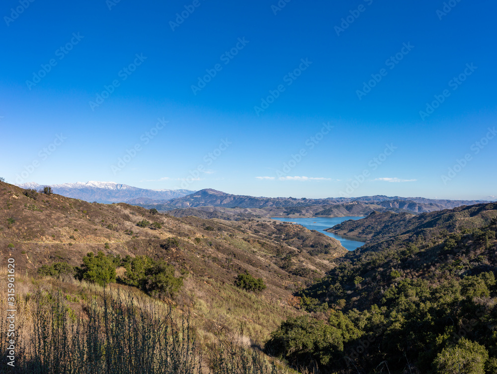 Elevated panorama of Lake Casitas 2 years after the Thomas fire Elevated panorama of Lake Casitas 2 years after the Thomas fire