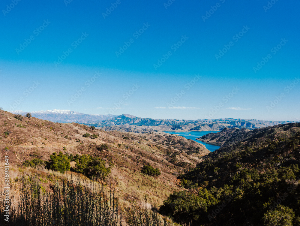 Elevated panorama of Lake Casitas 2 years after the Thomas fire