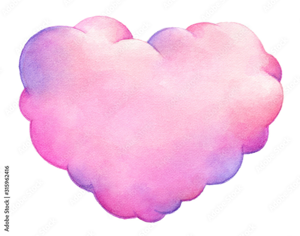 Watercolor heart shaped pink cloud. Isolated on white background. Hand painted illustration for Valentine's day or love projects.