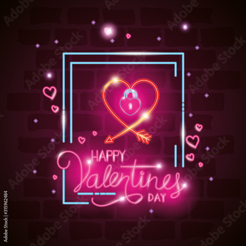 happy valentines day label in neon light, icons valentine day vector illustration design