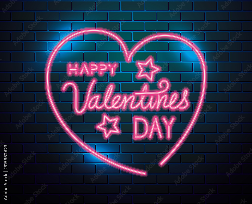 happy valentines day lettering of neon light vector illustration design