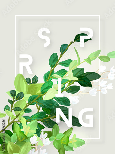 Spring floral eco design with white lily flowers, green leaves, succulent plants and integrated 3d typography. Vector template for poster, flyer, banner or card. Illustrated nature background.