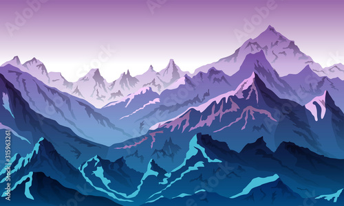 Vector illustration of dark blue mountain landscape during sunset