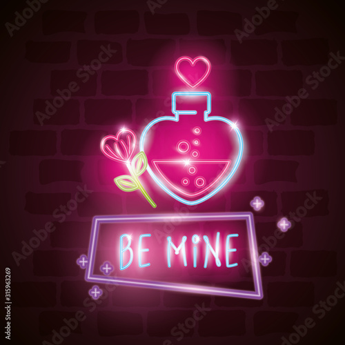 be mine label in neon light, valentine day vector illustration design