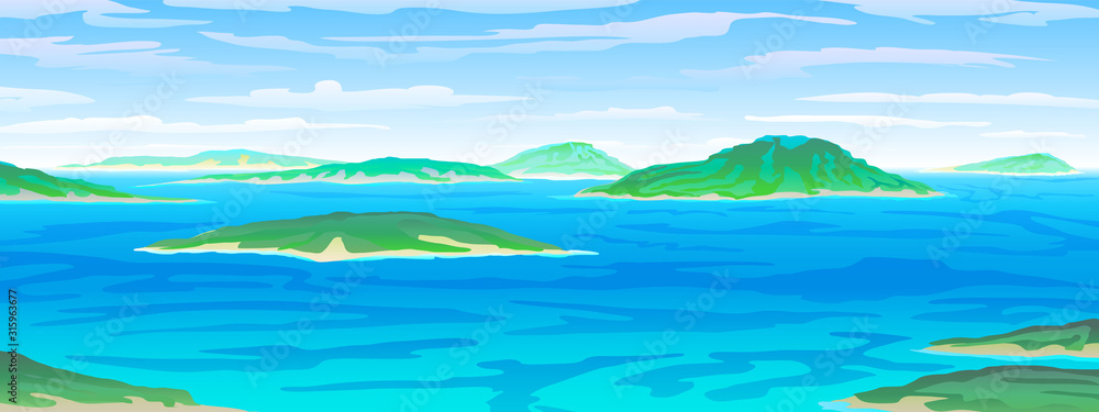 vector Tropical ocean landscape with island at turquoise ocean waives with near beach. eps 10 illustration background View of blue paradise vector Tropical ocean landscape with island at turquoise ocean waives with near beach. eps 10 illustration background View of blue paradise